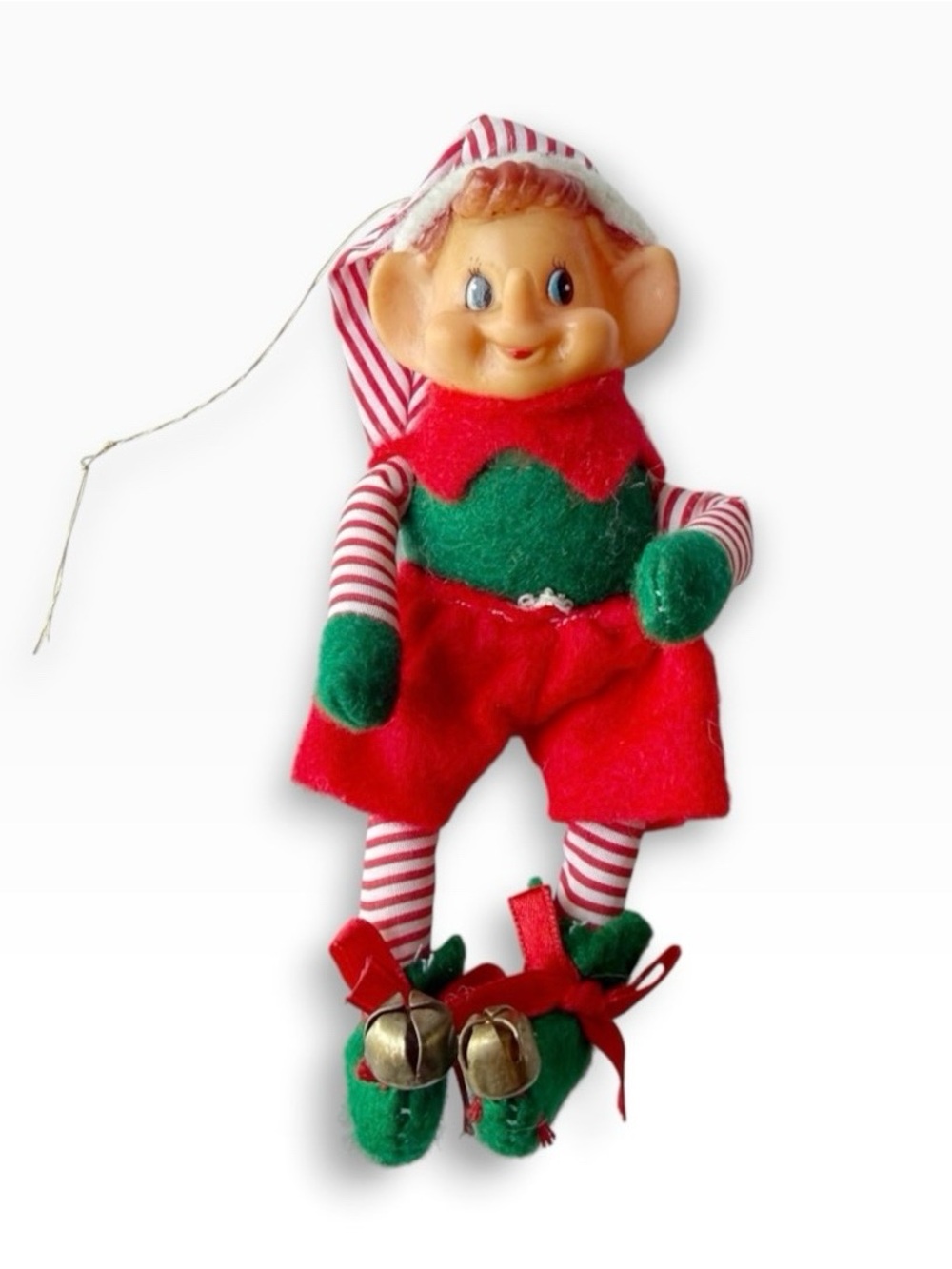 Vintage Pixie Elf Red Green Felt Striped Jingle Bells Christmas Ornament